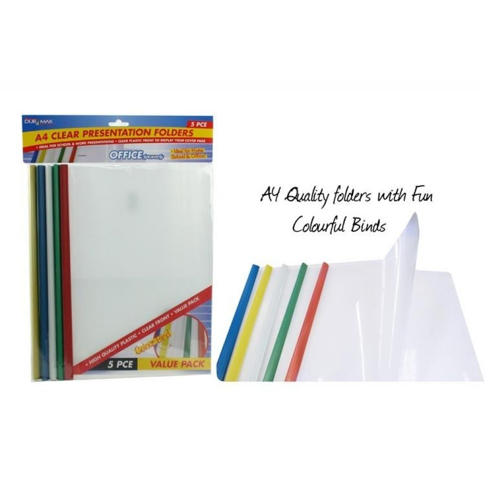 5pce A4 Clear Presentation Folders with Plastic Spine. 5 Assorted Colours