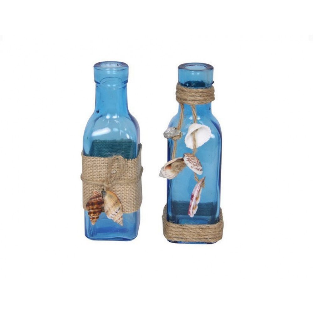 2pce 26cm Beach Theme Blue Glass Bottle with Shells on Twine, Beach Décor eBay