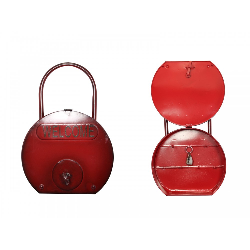 43cm Red Metal Padlock Secret Key Holder, Self Standing or Hangable