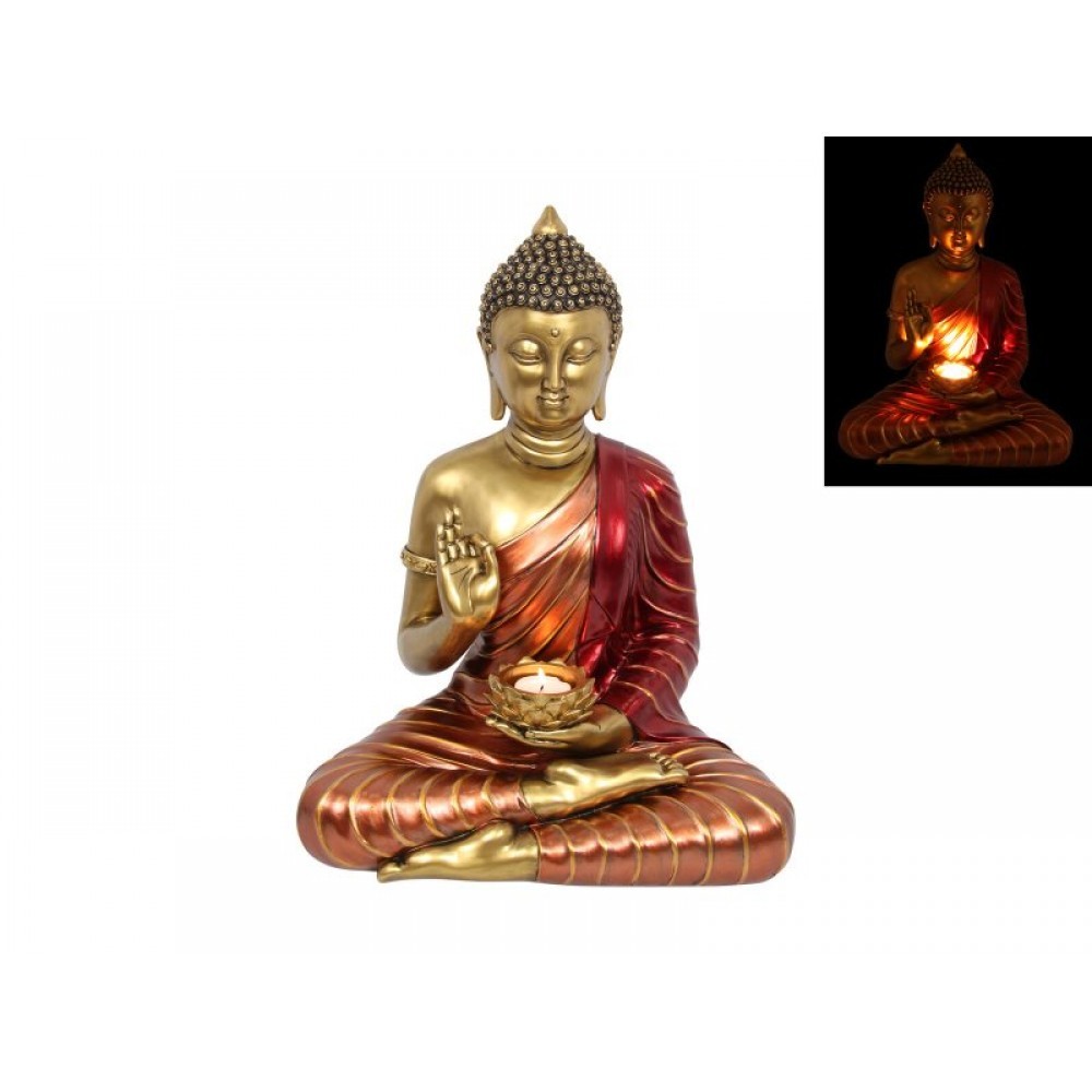 39cm Serenity Rulai Buddha W/ Lotus Candle Holder Gold & Bronze Resin