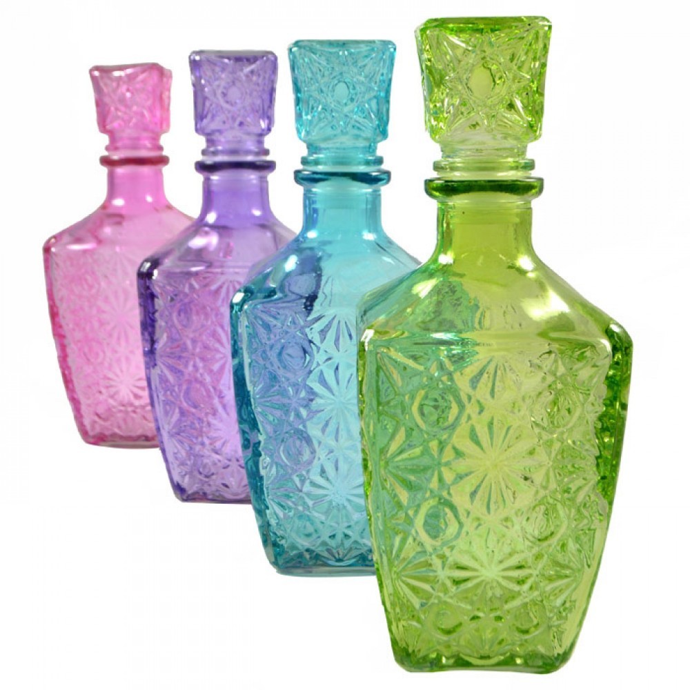 1pce 24cm Square Glass Liquor Bottle, Embossed/Pressed, Vintage Style