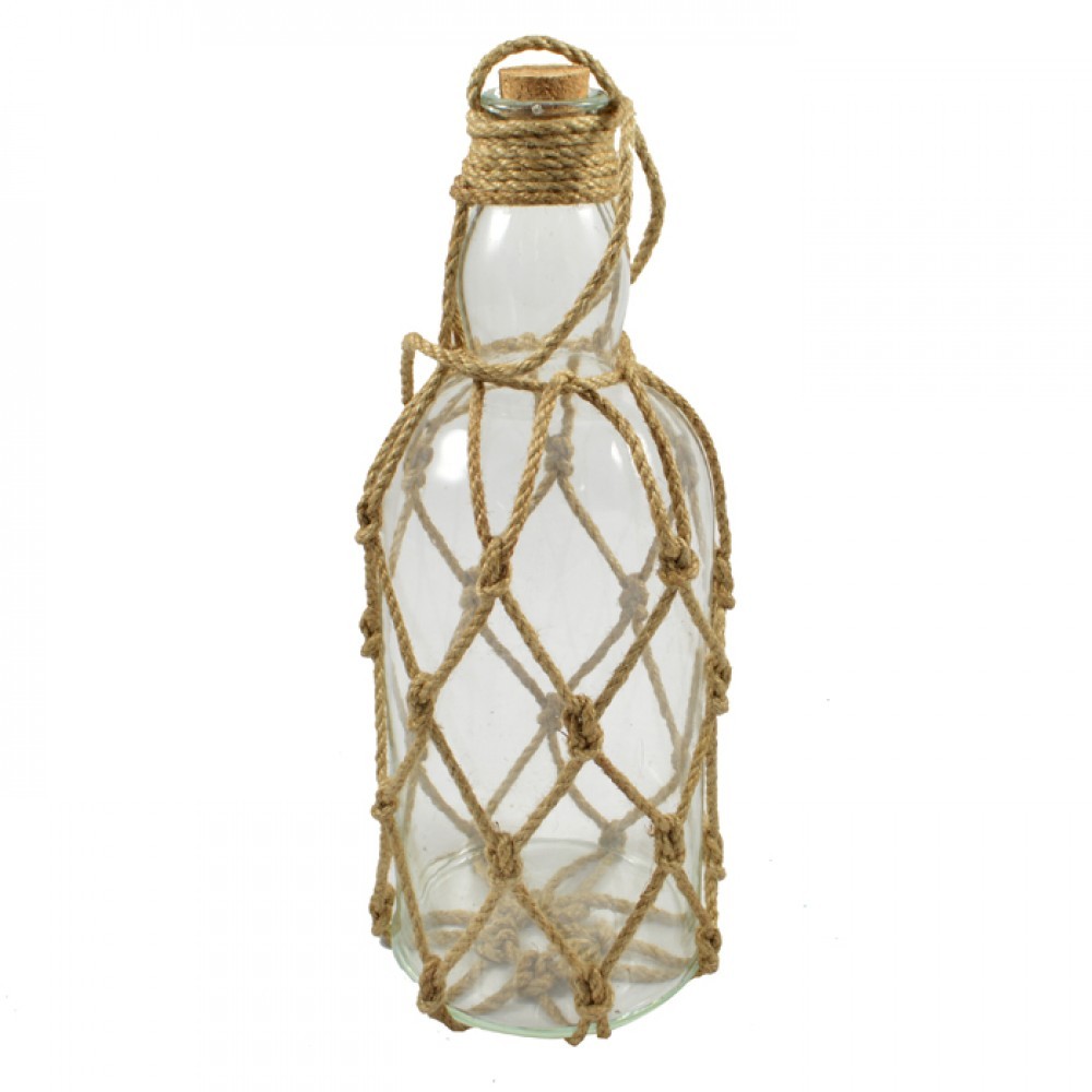 26cm Glass Bottle with Rope Mesh Décor, Hang by Rope