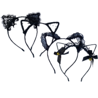 4x Black Lace Cat Ears Set Headbands, Dress Up Costume Accessory