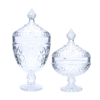 Pair of Glass Display Bowls, Jars with Stem Ornate Vintage Style Tableware