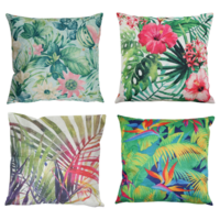 4pce Green Tropical Cushions Set 45cm Flowers & Leaves Designs Bundle