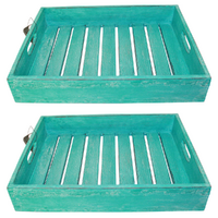 2x Turquoise Serving Trays Set 39cm Blue Wash Wooden Carry Slats Beach House