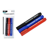 3pce Permanent Markers Black, Red & Blue Colours Round Tip Quick Dry