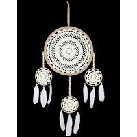 1pce 32cm White Crochet Dream Catcher with Feathers American Indian Inspired