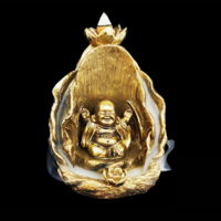 13cm Backflow Incense Burner Gold Happy Buddha Resin Waterfall Cone 
