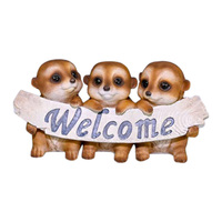 25cm Triple Baby Meerkats on Log Holding Welcome Sign Resin Garden D̩cor