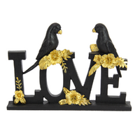 Love Word Plaque Ornament Black & Gold Parrot Birds 18cm Resin 1pce