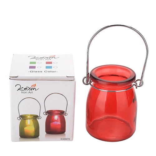 1pce Glass with Metal Hanger Tealight Holder in Bright Colours Party Theming 8.5x6.5cm - Red