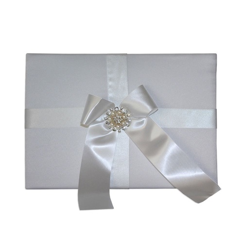Wedding 78pg Guest Book White Satin and Ribbon Broach Ring Feature