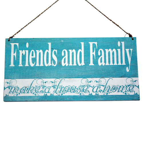 Friends and Family Wooden Hanging Sign 40cm x 20cm Shabby Chic Aqua Blue