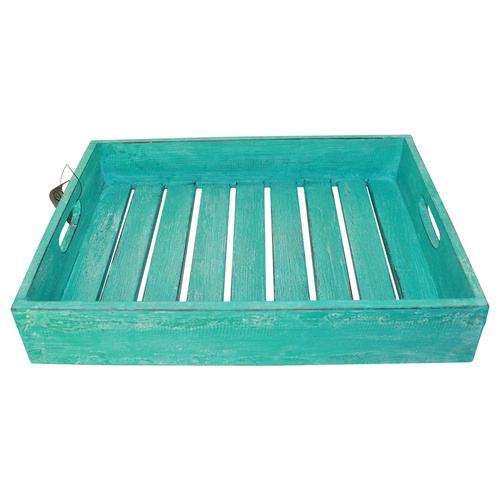 1pce 39cm Turquoise Blue Wash Wooden Carry Tray with Slats, Hand Made, Beach House 