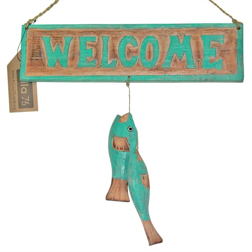 35cm x 33cm "Welcome" with Hanging Fish, Turquoise Blue Wooden Sign , Beach House