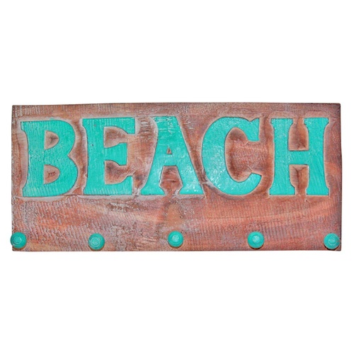 45cm Wooden Hanger Key Rack with BEACH in Turquoise, Hand Made & Painted