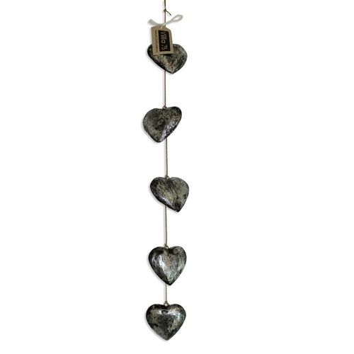 80cm Hanging Nest of 5 Black & Silver Wash Hearts Beach Theme Romantic