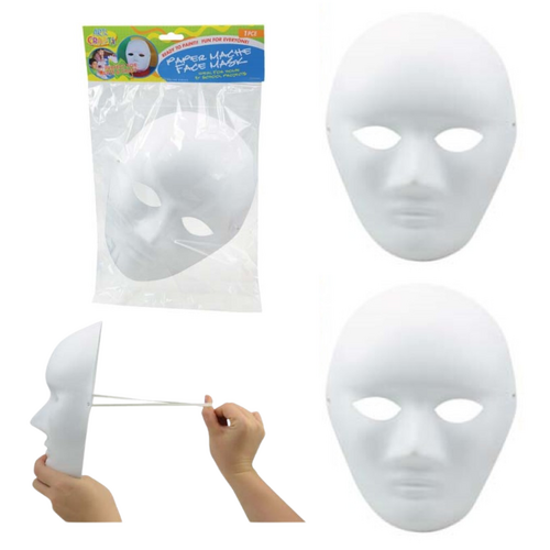 2pce Face Mask Paper Mache Set with Elastic 23cm DYI Ready to Create Party