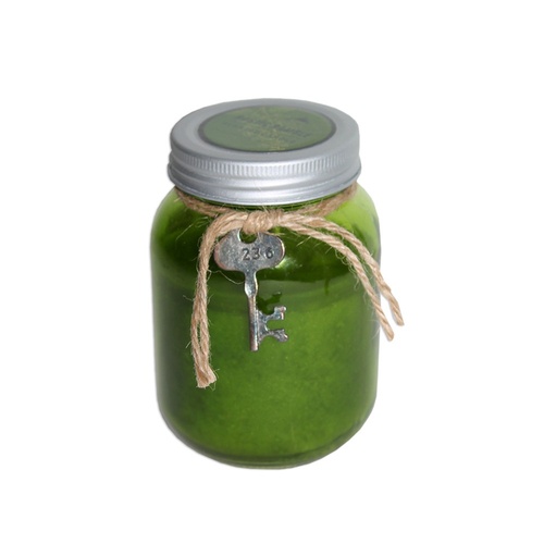 Mason Style Jar Scented Candle w/ Key Motif Vintage Style 40 Hours Burning - Green (Apple)
