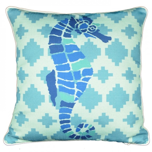 45cm Blue Toned Beach House Cushion with Seahorse Feature & Piping Edge