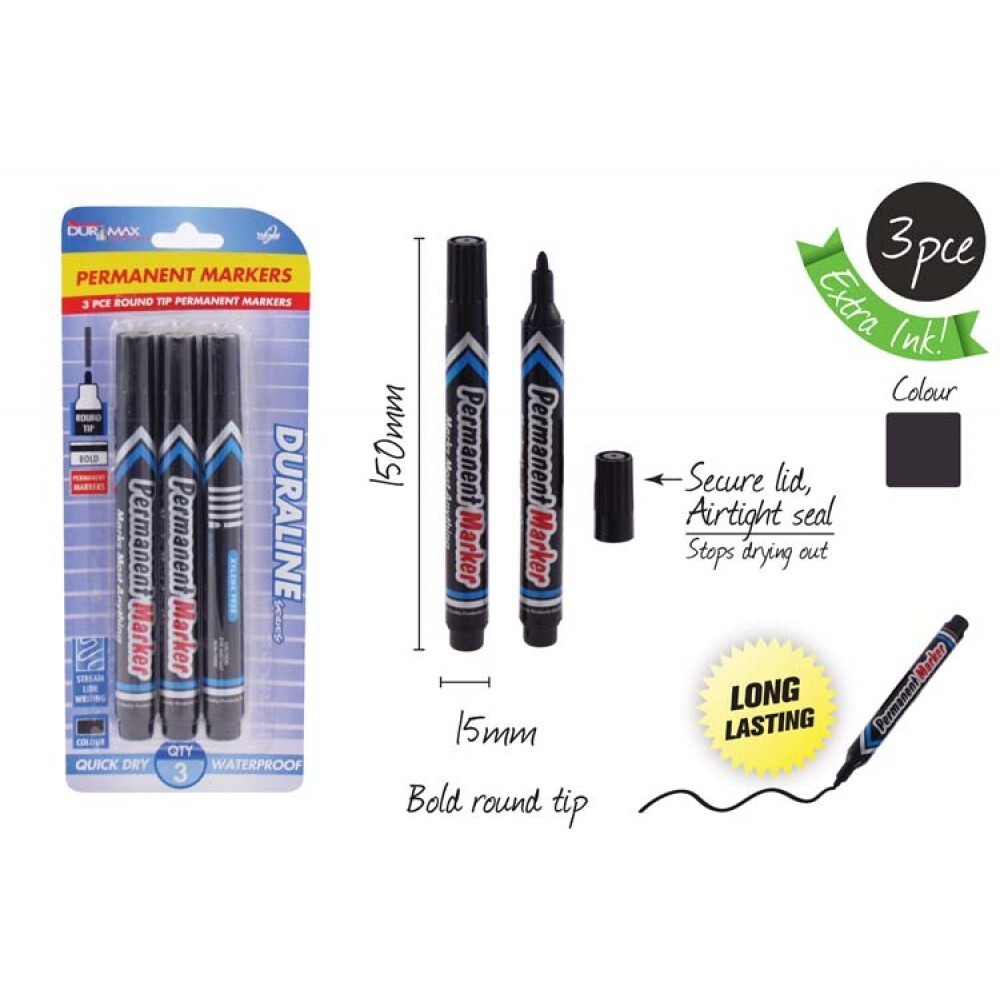 3pce Black Permanent Markers with Round Tip. DURALINE