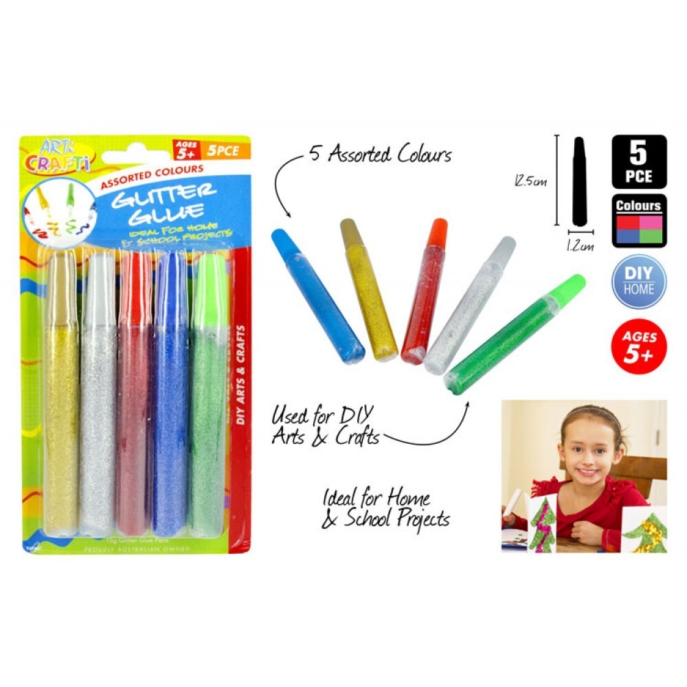 5pce Craft Glitter Glue Tubes 5 Colours