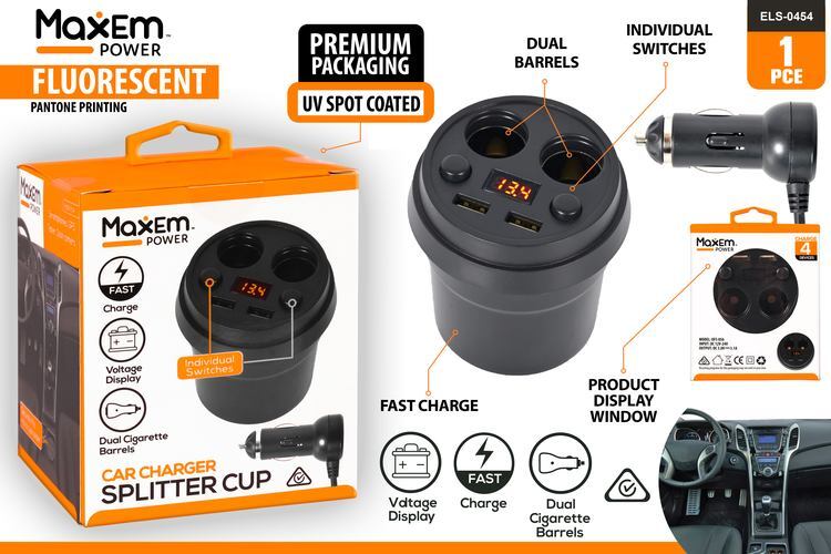 Car Cup Charger 2x USB 3.1A & 2x Cigarette Barrels 1 Piece Black