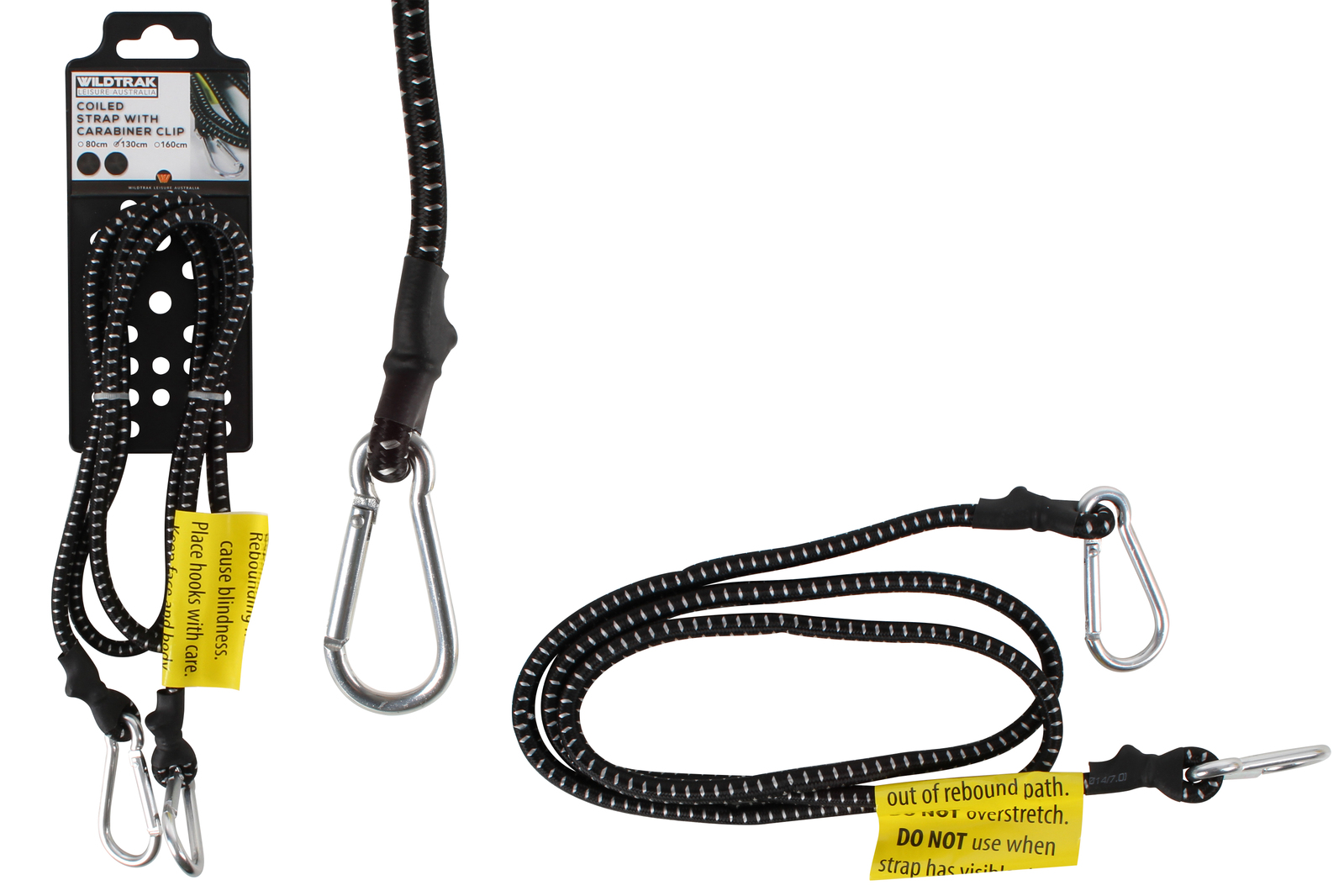 Bungee Coiled Strap With 2 Carabiners Clips 160cm Length Black Rubber