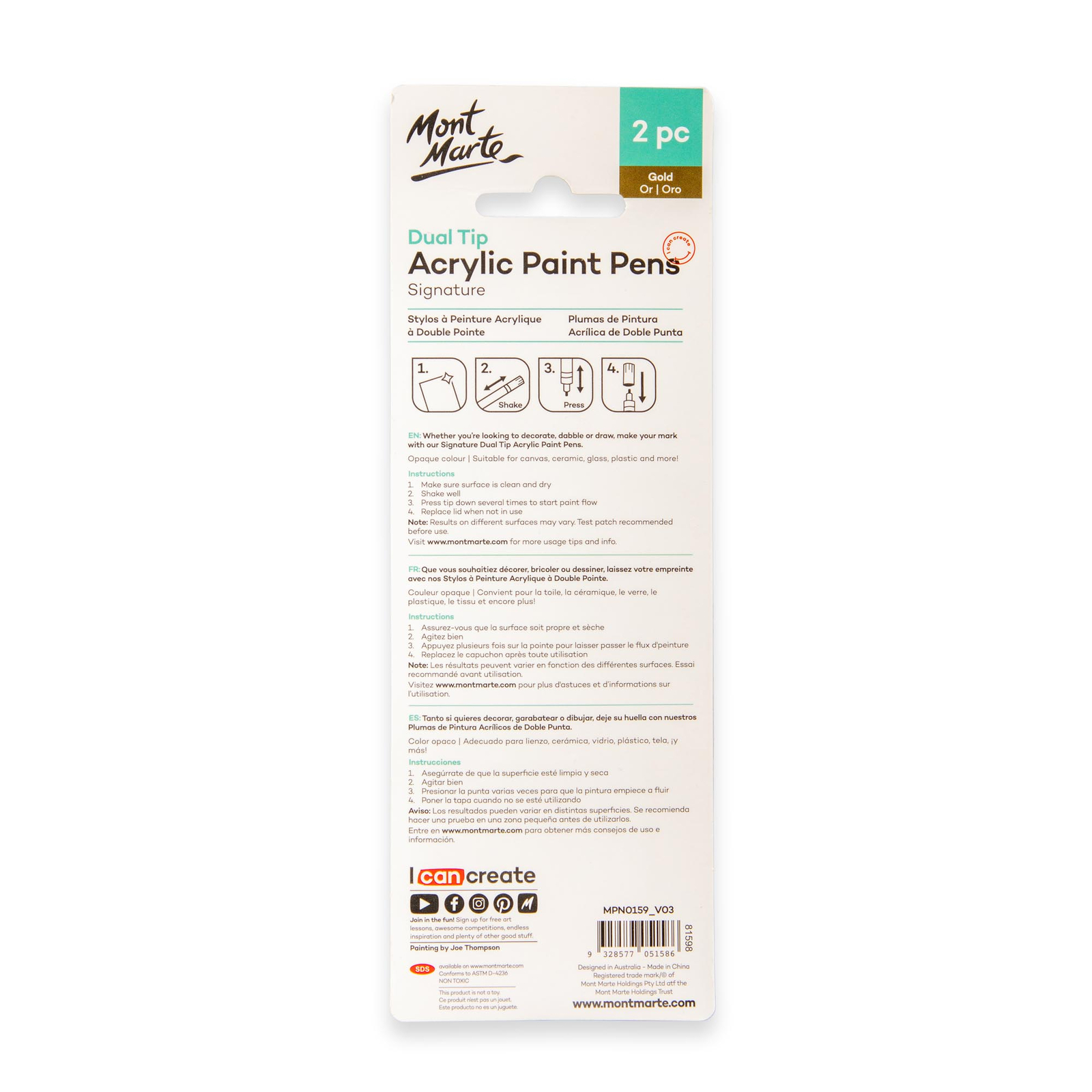 Mont Marte Acrylic Paint Pens Dual Tip White 2pc