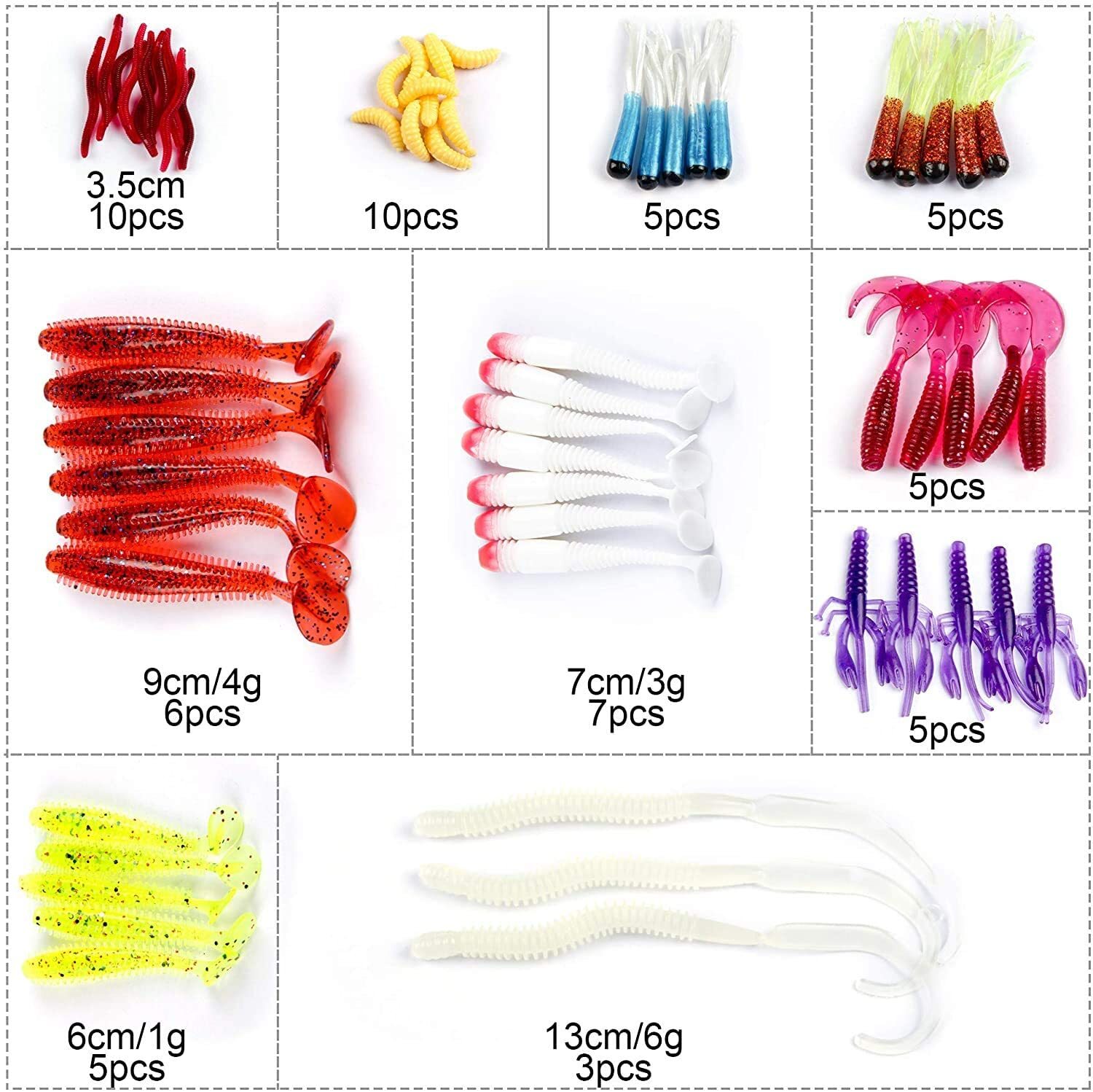 Fishing Lures, Hooks & Drop Sinker Weight Set 15 Pieces in Case Soft  Plastic Bait