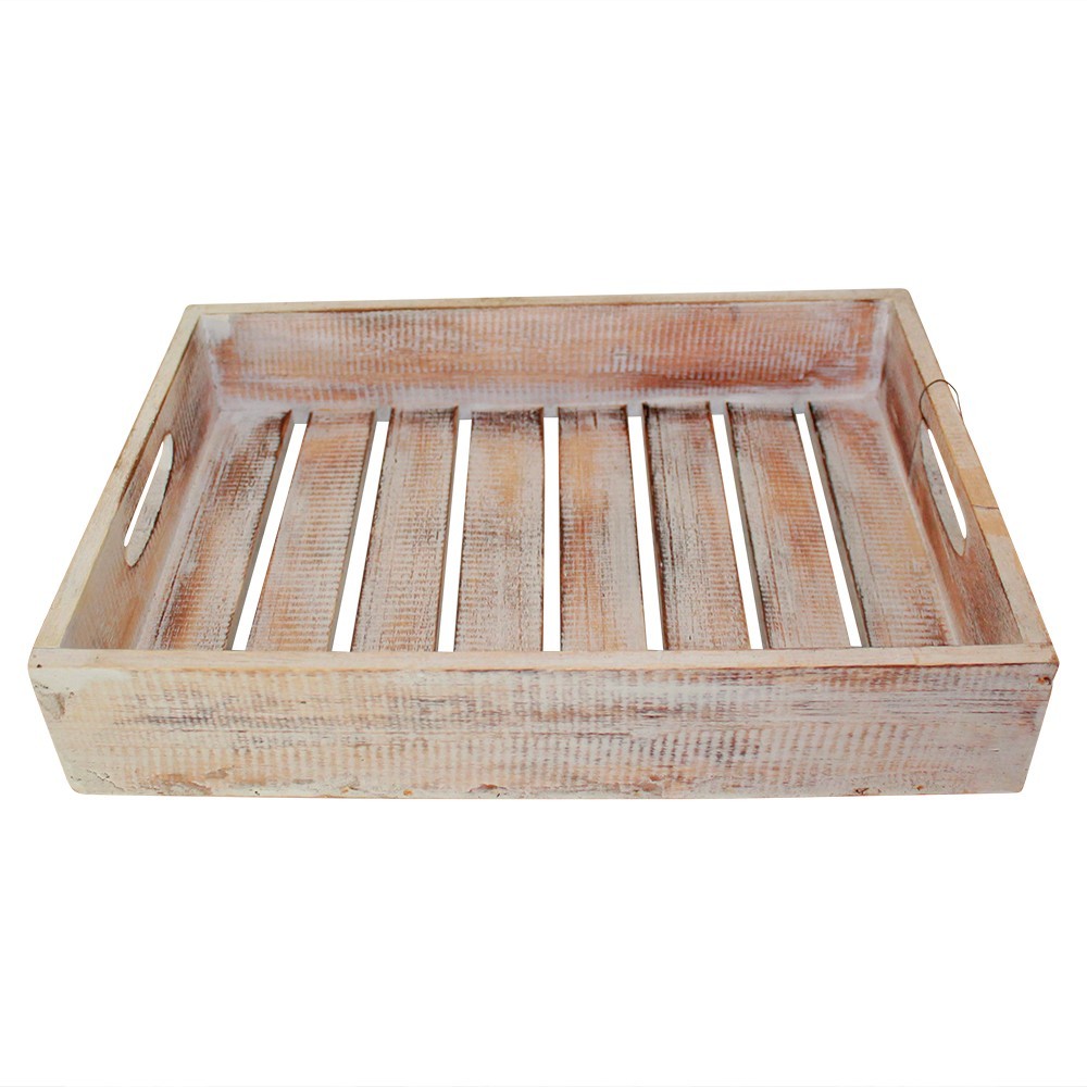 1pce White Wash Wooden Carry Tray with Slats, Hand Made, Beach House
