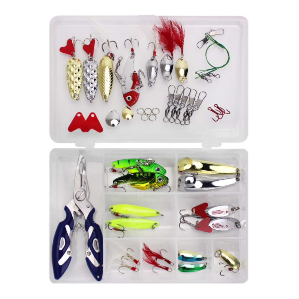 Fishing Lures Metal Hard Body Set in Tackle Box with Pliers, Spinners &  Accessories