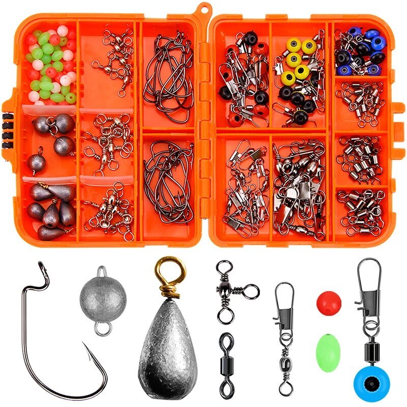 Rock Fishing Tackle Box Set Hooks, Sinkers, Swivels & Glow Beads 165 Pieces  Carp