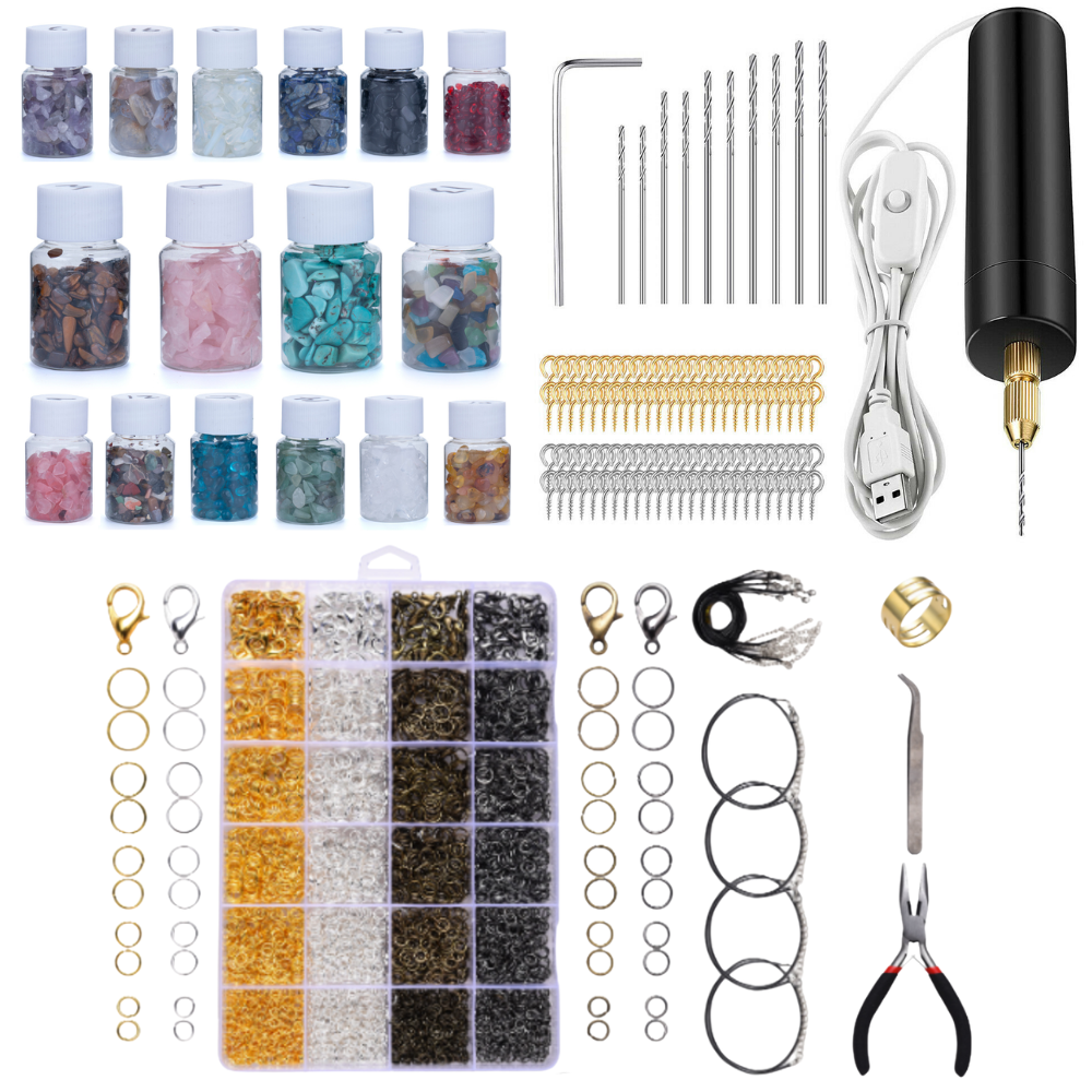 Jewellery Making Kit Crystals Chips, Drill Set Plus Silver, Gold, Grey &  Bronze Hardware