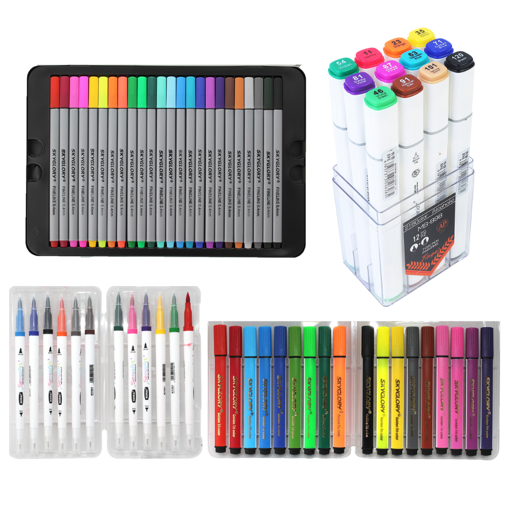 66pce Colour Pens & Markers Set Fine Liners, Highlighters, Dual Tip Alcohol  Based School Bundle