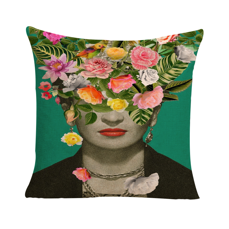 No Insert 45cm Mexican Insp Frida Kahlo Flower Wreath Green Back Cushion Cover