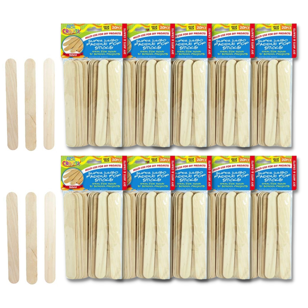 100pce Natural Wooden Paddle Pop Sticks Set Super Jumbo 20cm Art