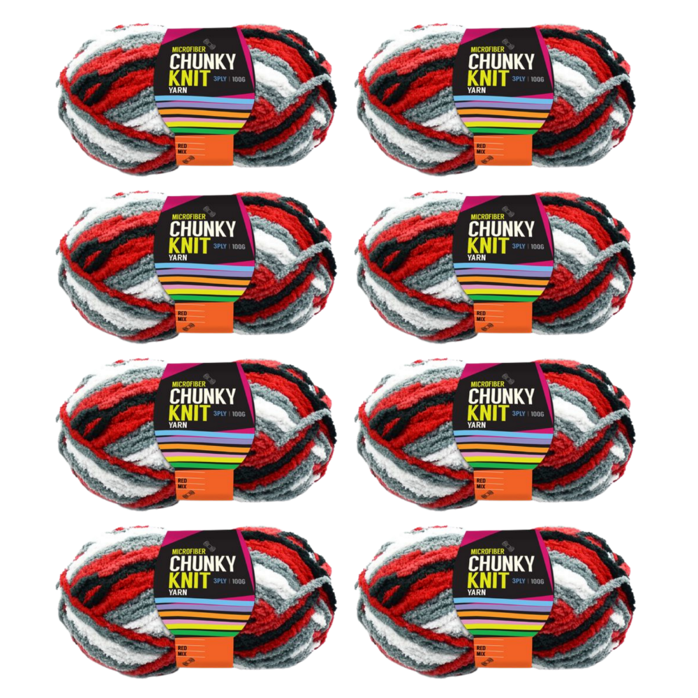 Red Mix Chunky Knitting Wool Yarn 8 Roll Set 3 Ply 100g Microfiber Polyester