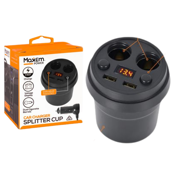 Car Cup Charger 2x USB 3.1A & 2x Cigarette Barrels 1 Piece Black