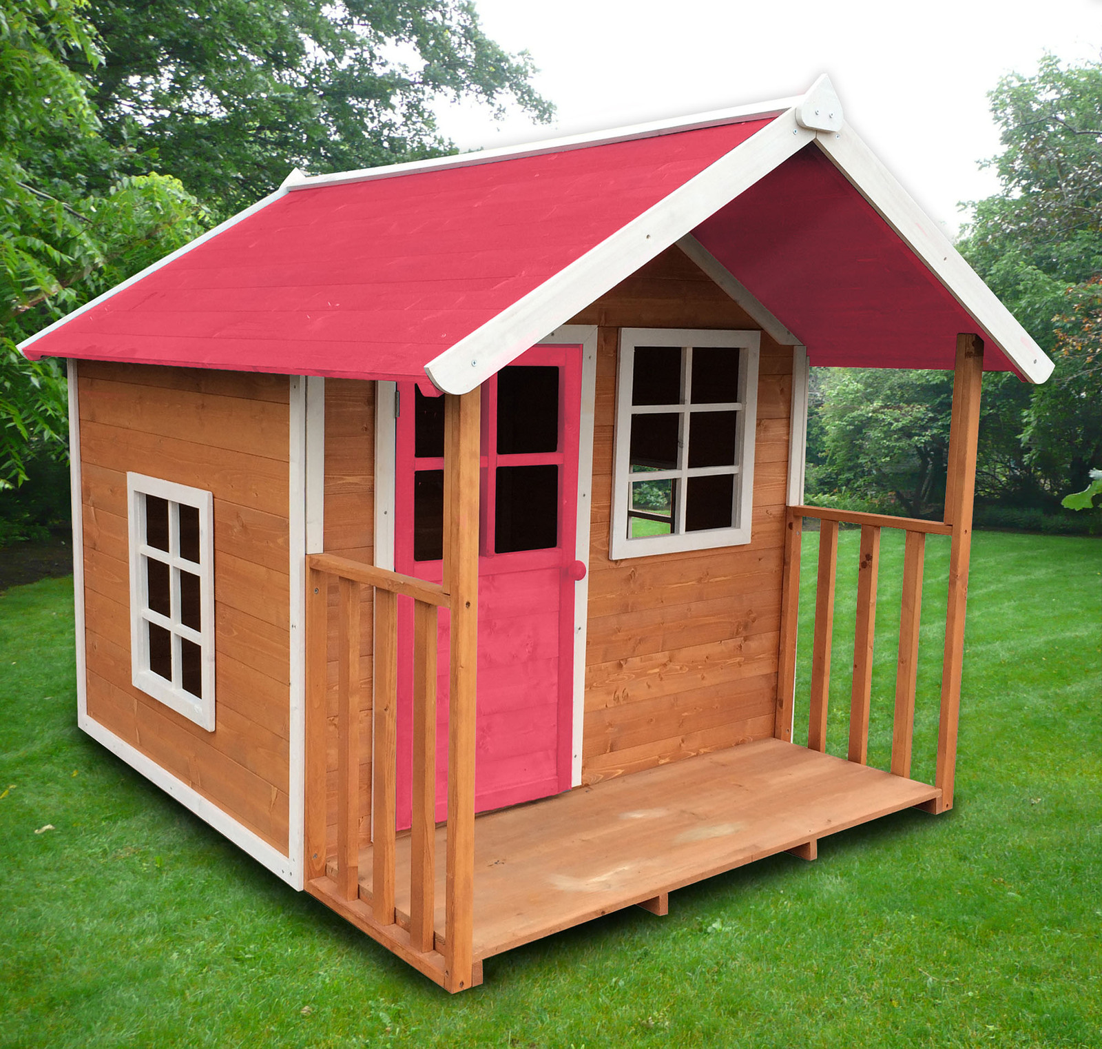 KIDS OUTDOOR WOODEN PLAYHOUSE 172X140X136CM W PINK ROOF 3CTN