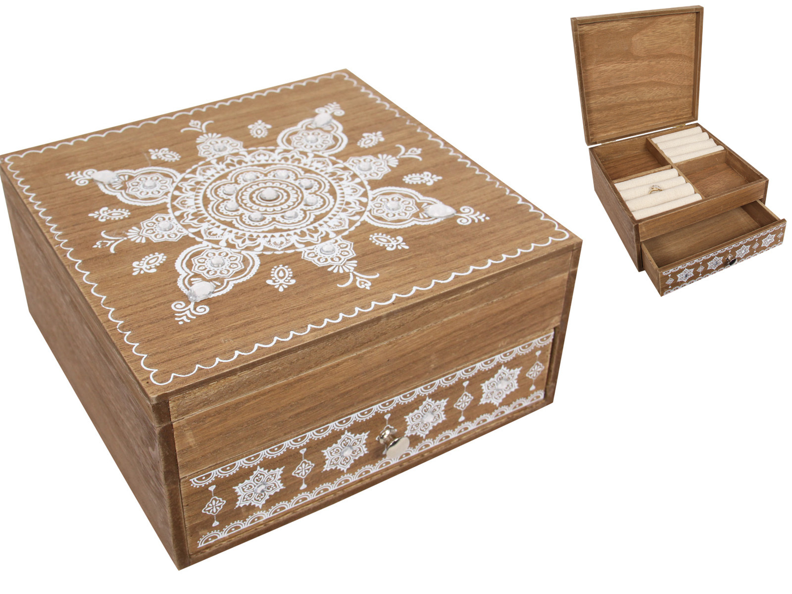 20cm Boho Style Wooden Jewellery Box with Mandala Print & Jewels