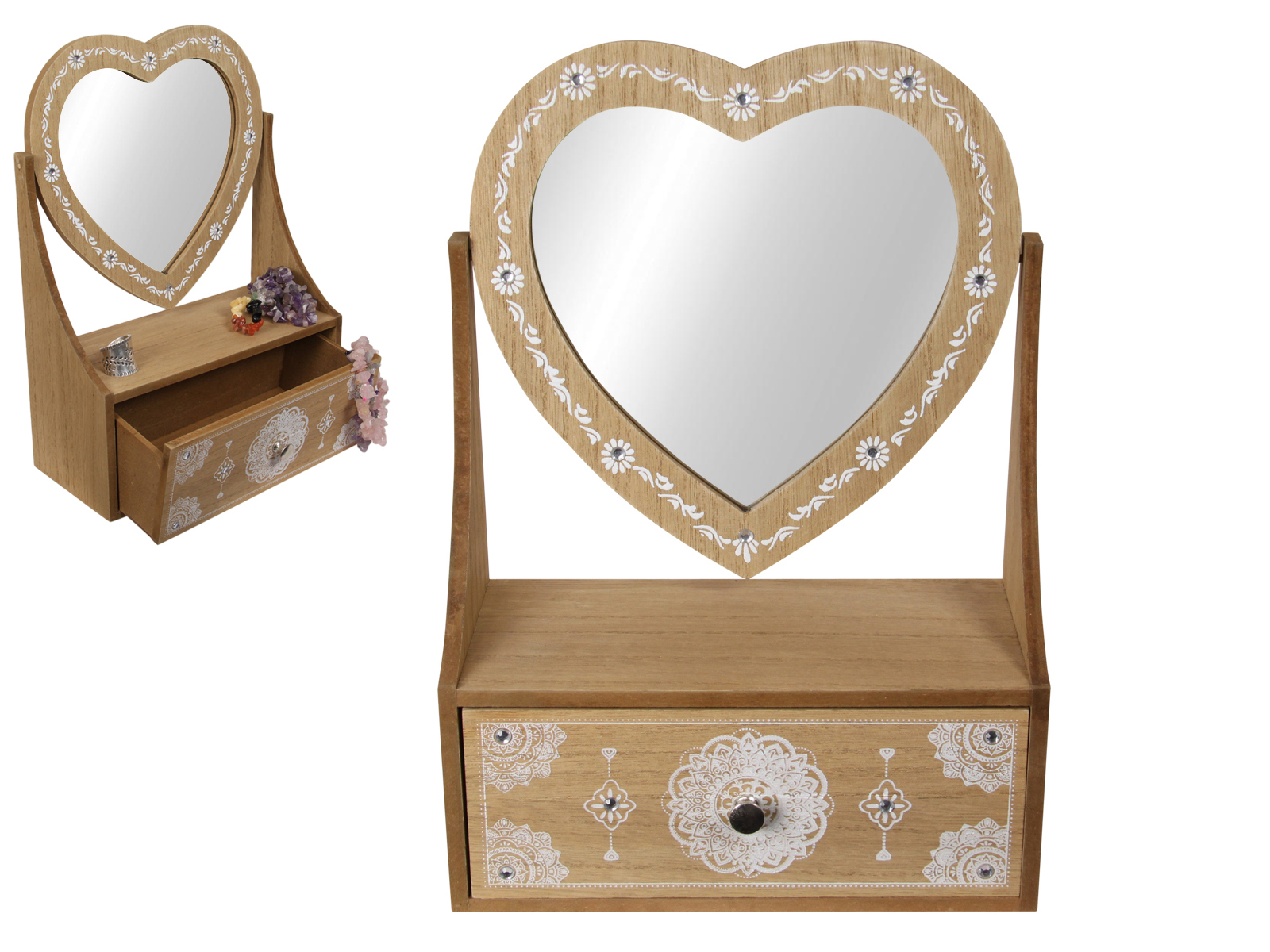 1pce 28cm Boho Heart Mirror Dresser with Draw Mandala Print Jewellery Box