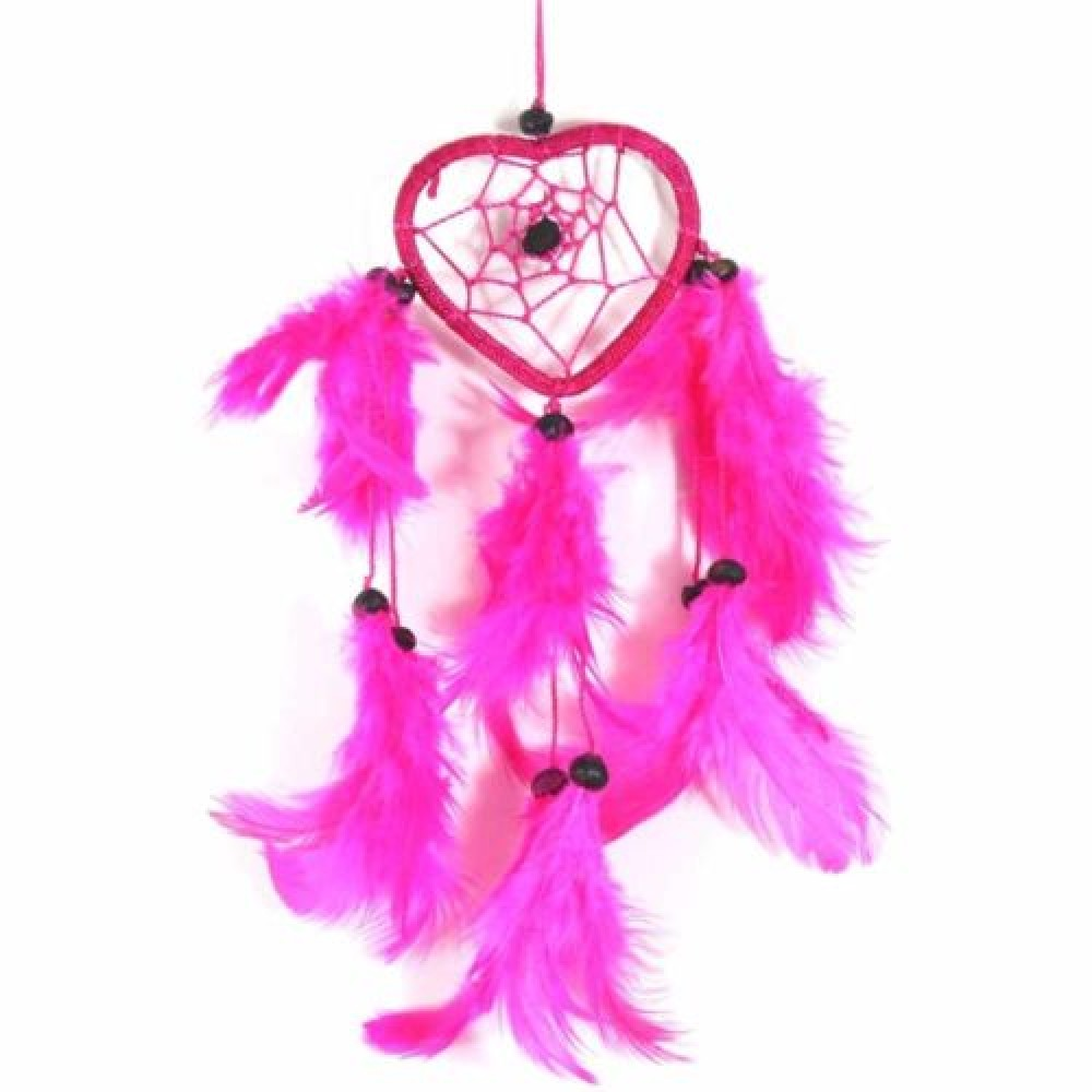 6.5cm Heart Dream Catcher Hot Pink  Design with Feathers, and Beads
