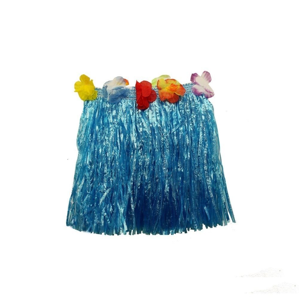 2 x 30cm Blue Kids Hawaiian Tropical Hula Grass Skirts with Flowers Theming