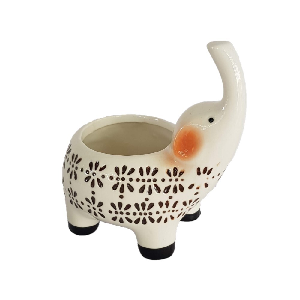 Pot Flower Elephant 12.5x9.1x13.5cm Black and White Design with Trunk Up