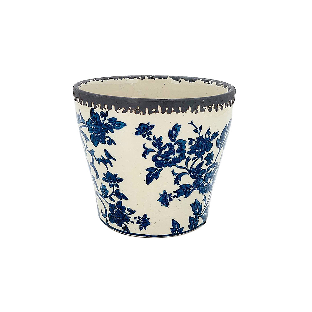 1pce Large Flower Pot Ceramic 18x16cm Indigo Blue with Floral Design