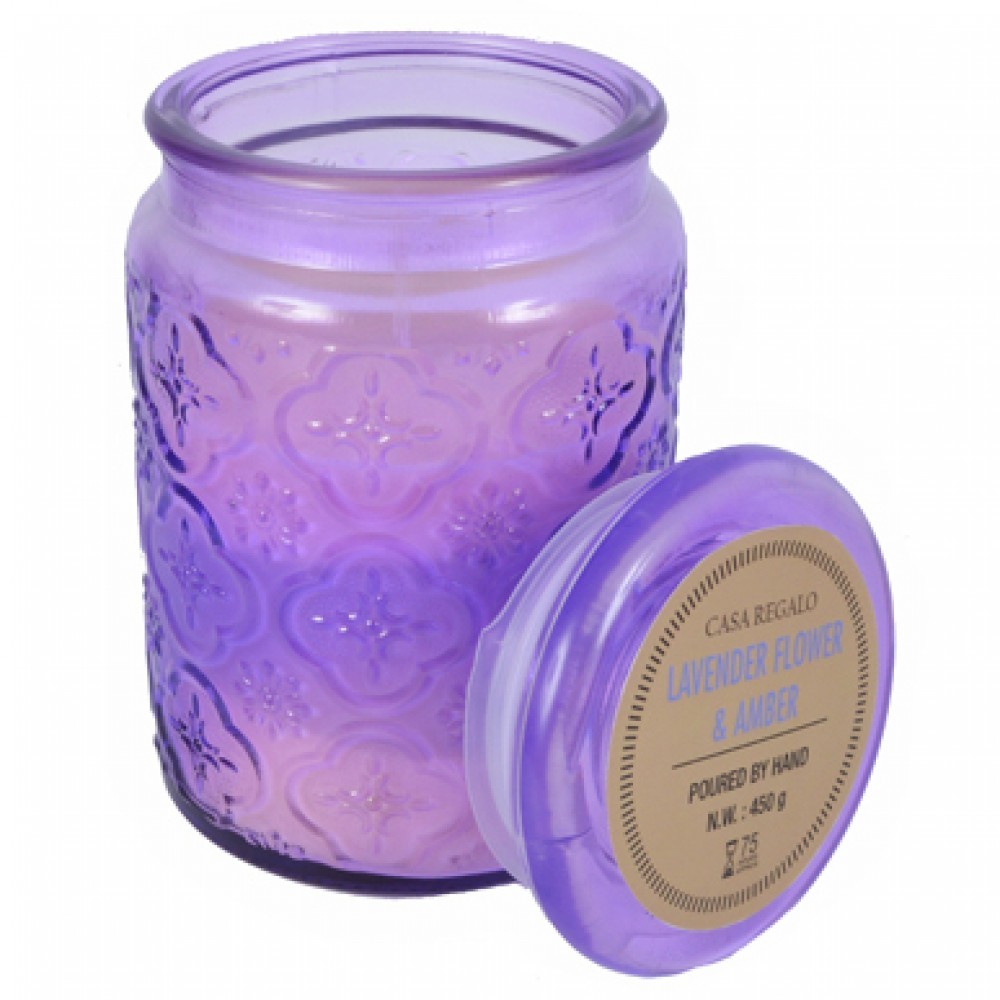1pce Lavendar & Amber Scented Candle in Sealed Jar, Embossed Glass 9x14cm
