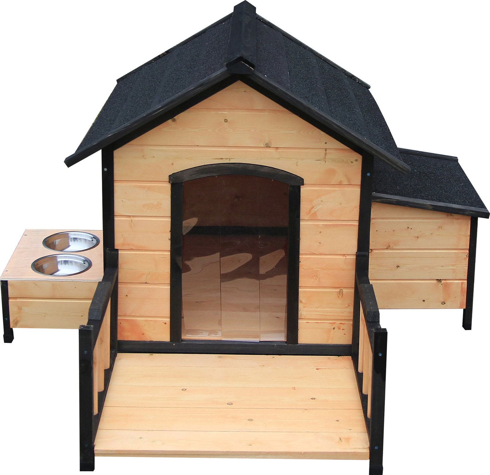 WOODEN DOG HOUSE W/ DECK FEEDER AND STORAGE