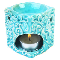 1pce 7.5cm Square Oil Burner with Flower Design Glassed Ceramic - Aqua